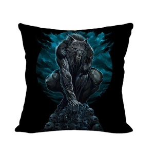 Dark wolf howling on skulls gothic throw pillow cover with full moon design