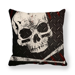 Industrial skull design linen pillow cover with crossbones and red splash accents