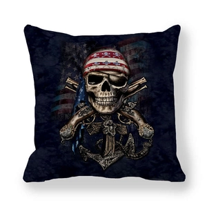 Linen skull pillow cover with pirate anchor and flag print on white background