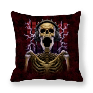 Detail of linen pillowcase with rock skull wearing spiked headphones and purple lightning
