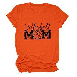 Detail of soft orange cotton T-shirt fabric showing the Volleyball MOM graphic and round neck