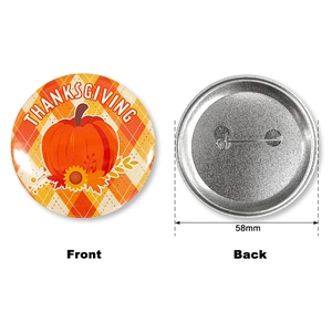 Front and back detail of 58mm Thanksgiving tinplate badge with pumpkin and maple leaf