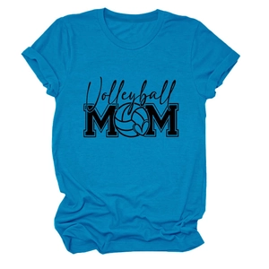 Close-up of sky blue cotton t-shirt with black Volleyball MOM heart print and soft texture