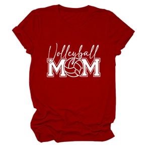 Close-up of red Volleyball MOM t-shirt showing cotton texture and artistic print detail