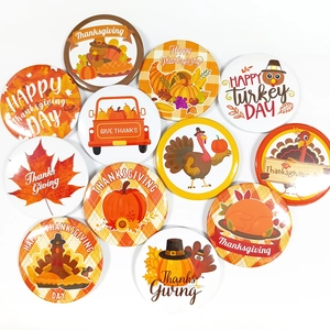 Set of Thanksgiving tinplate badges featuring turkeys and pumpkins for harvest party decor