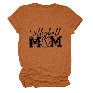 Detail of Volleyball MOM print and folded cuffs on a caramel-colored crew neck t-shirt