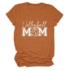 Detailed view of rust orange Volleyball MOM t-shirt with white graphic print and crew neck