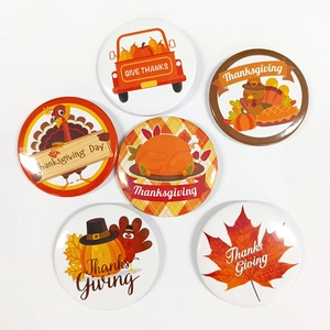 Set of 6 Thanksgiving tinplate badges featuring turkey and pumpkin for harvest festivals