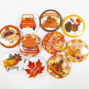 Detailed set of 10 Thanksgiving tinplate badges featuring turkeys and pumpkins designs