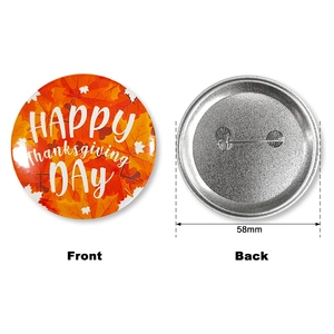 58mm Happy Thanksgiving Day tinplate badge with maple leaves and safety pin backing