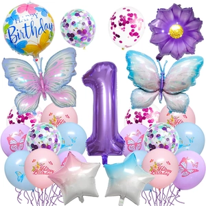 Kit ballons 1er anniversaire papillon jungle avec numéro 1 violet et ballons en alu