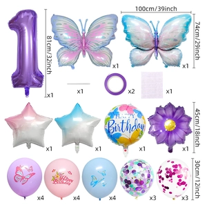 Kit de ballons papillon dégradés avec chiffre un violet pour premier anniversaire fille