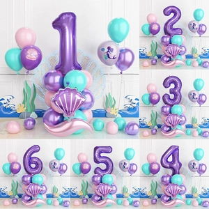 Mermaid party balloon set with purple number foil, shell shapes, and teal latex balloons