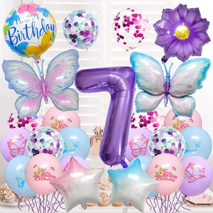 Kit ballons chiffre 7 papillon violet pour décoration d'anniversaire fille et étoiles