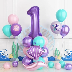Mermaid theme 1st birthday balloon set with purple number 1 and shell foil balloons