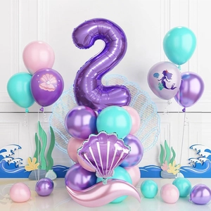 Mermaid ocean theme 2nd birthday party set with purple number 2 and shell balloons