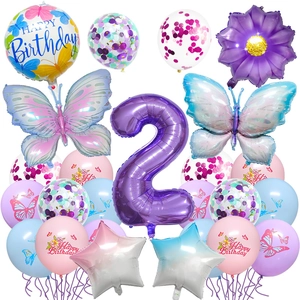 Kit ballons 2ème anniversaire thème papillon avec chiffre violet et ballons latex