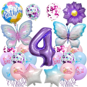 Kit ballons papillon avec chiffre 4 violet pour décoration anniversaire fille 4 ans