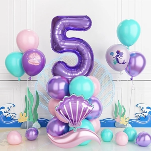 Mermaid 5th birthday balloon kit with purple number 5 and sea shell foil accents