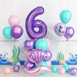 Detailed set of mermaid 6th birthday balloons with purple number 6 and shell foil balloon