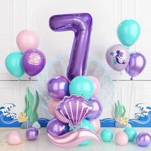 Close-up of mermaid 7th birthday decor with purple shell and printed latex balloons
