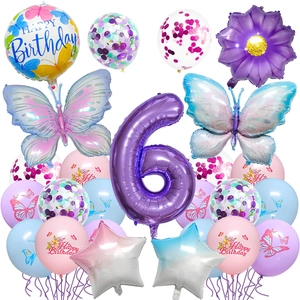 Kit ballons 6ème anniversaire thème papillon jungle avec chiffre violet et latex coloré
