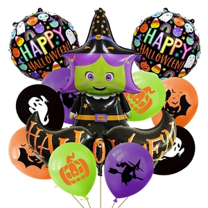 Halloween foil balloon set with large witch, pumpkin motifs and colorful latex balloons