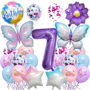Kit d'anniversaire papillon avec ballon chiffre 7 violet et ballons en latex imprimés