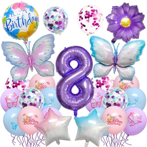 Détail du set de ballons d'anniversaire papillon avec chiffre 8 violet et aluminium