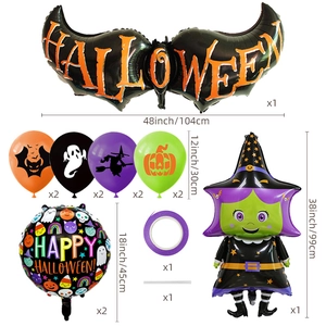 Flat lay detail of Halloween balloon set with large bat and witch foil balloons