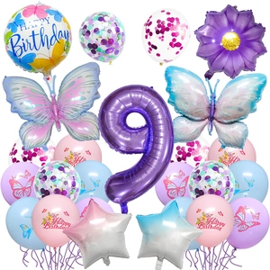 Kit ballons 9e anniversaire thème papillon avec chiffre 9 violet et décors colorés
