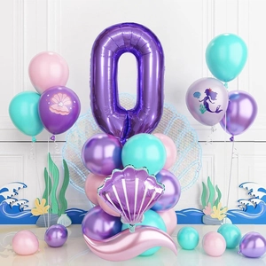 Mermaid birthday balloon set featuring a large purple number 0 and shell balloons