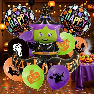 Detailed set of Halloween foil and latex balloons with witch and pumpkin party designs