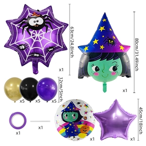 Detailed Halloween balloon kit with witch, spider web star, and latex balloons set