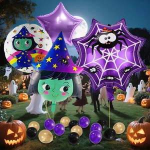 Detail of Halloween witch and spider foil balloons set with colorful latex decorations