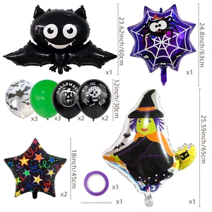 Detailed size specifications for Halloween foil balloons including bat and witch shapes
