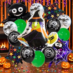 Detail of Halloween balloon set with bats and witches in a festive indoor setting