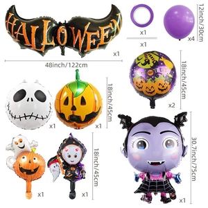 Flat lay of Halloween balloon kit with dimensions for foil bats and pumpkin characters