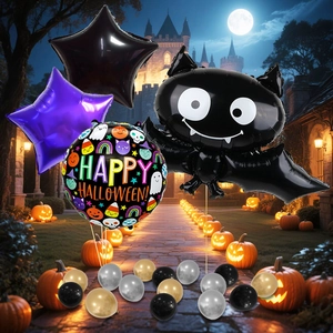 Detail of Halloween balloon set featuring a bat foil balloon and happy halloween print