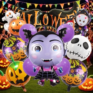 Detailed collection of Halloween foil balloons featuring ghost, pumpkin and bat shapes