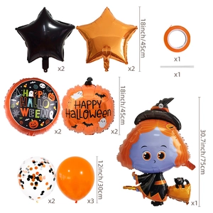 Detailed set of Halloween foil balloons featuring witch, pumpkin, and star decorations