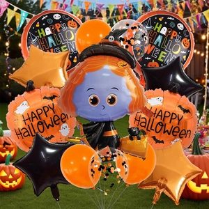 Outdoor Halloween party decor with ghost balloons and Happy Halloween foil spheres