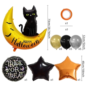 List of Halloween balloons set including yellow moon, bats, stars and latex balloons