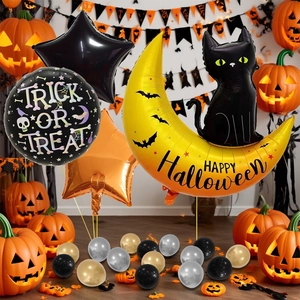 Halloween balloon set featuring moon, black cat balloons and festive pumpkin decorations