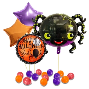 Halloween balloon set featuring black spider, orange round balloon and star foils
