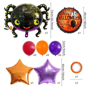 Detailed Halloween balloon set contents including giant spider and themed star foil balloons