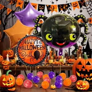 Halloween balloon set featuring large foil spider and Happy Halloween round ornaments