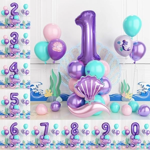 Mermaid Theme Birthday Party Balloon Decoration Purple Number Shell Foil Latex Balloons Undersea Scene For Girls Kids