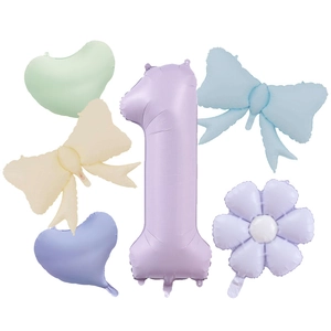 Set de globos de fiesta con número 1 morado, lazos y margaritas de papel de aluminio