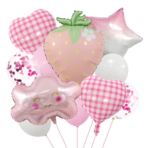 Strawberry Balloon Collection Aluminum Foil And Latex Balloons Cute Plaid Heart Cloud Star Birthday Picnic Decoration